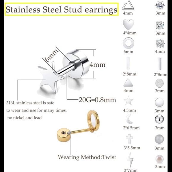 18 Pairs Tiny Cartilage Stud Earrings for Women Men Star Moon Heart Disc Ball - Picture 3 of 8